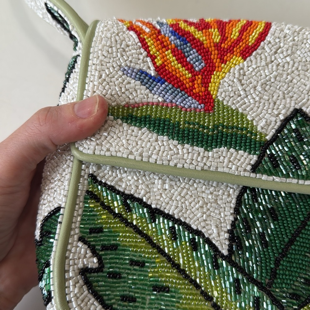 Staud Bird of Paradise Beaded Shoulder Bag Bead White Green Tropical Floral - Picture 5 of 11